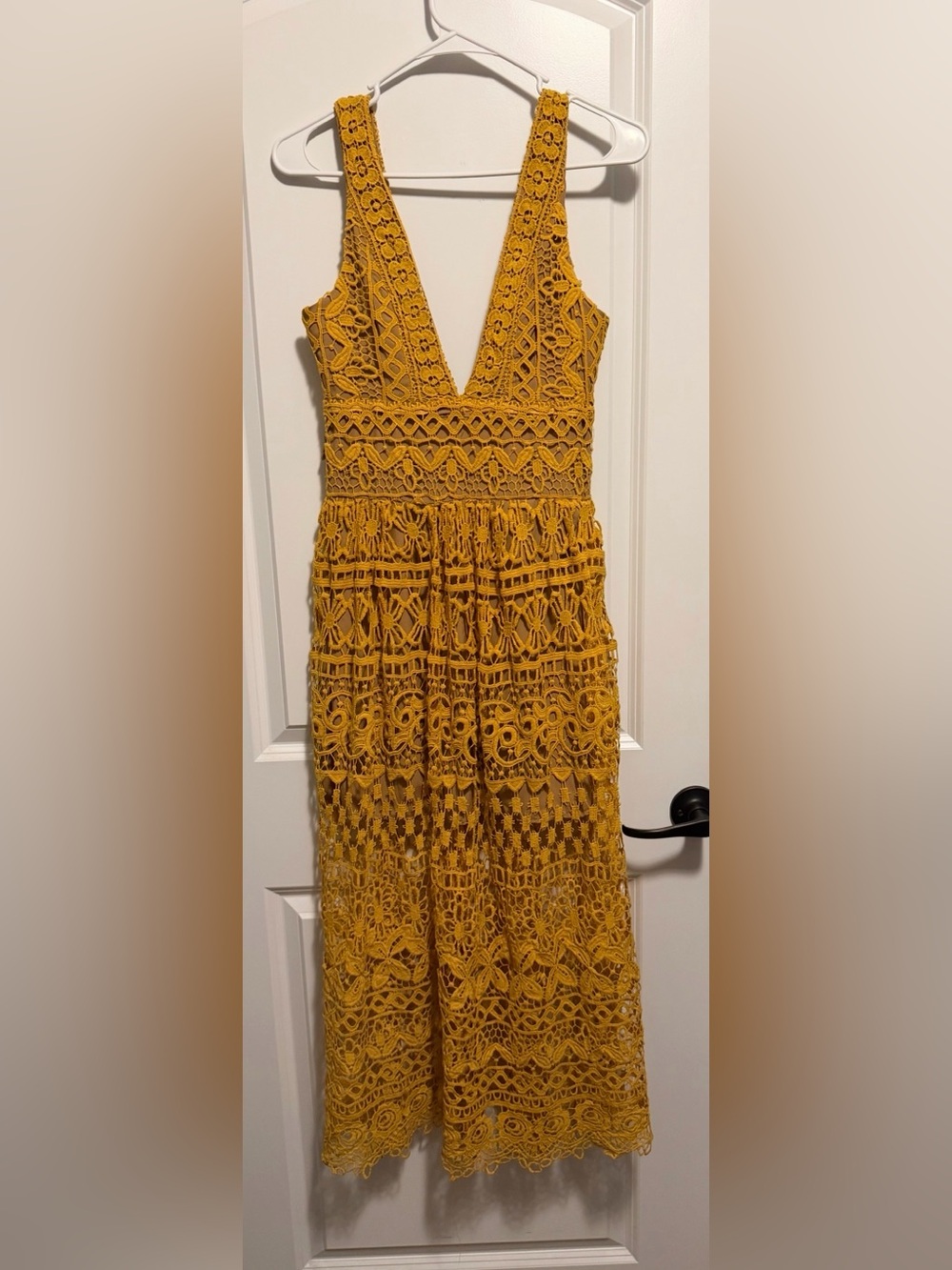 Choles Mustard Yellow Crochet Midi Dress